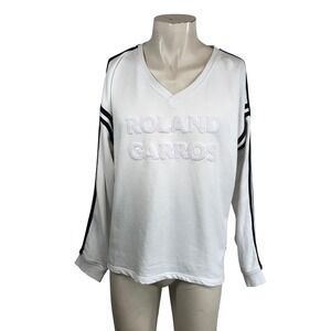 Roland Garros White V Neck Long Sleeve Sweatshirt Embroidered Logo Men XL